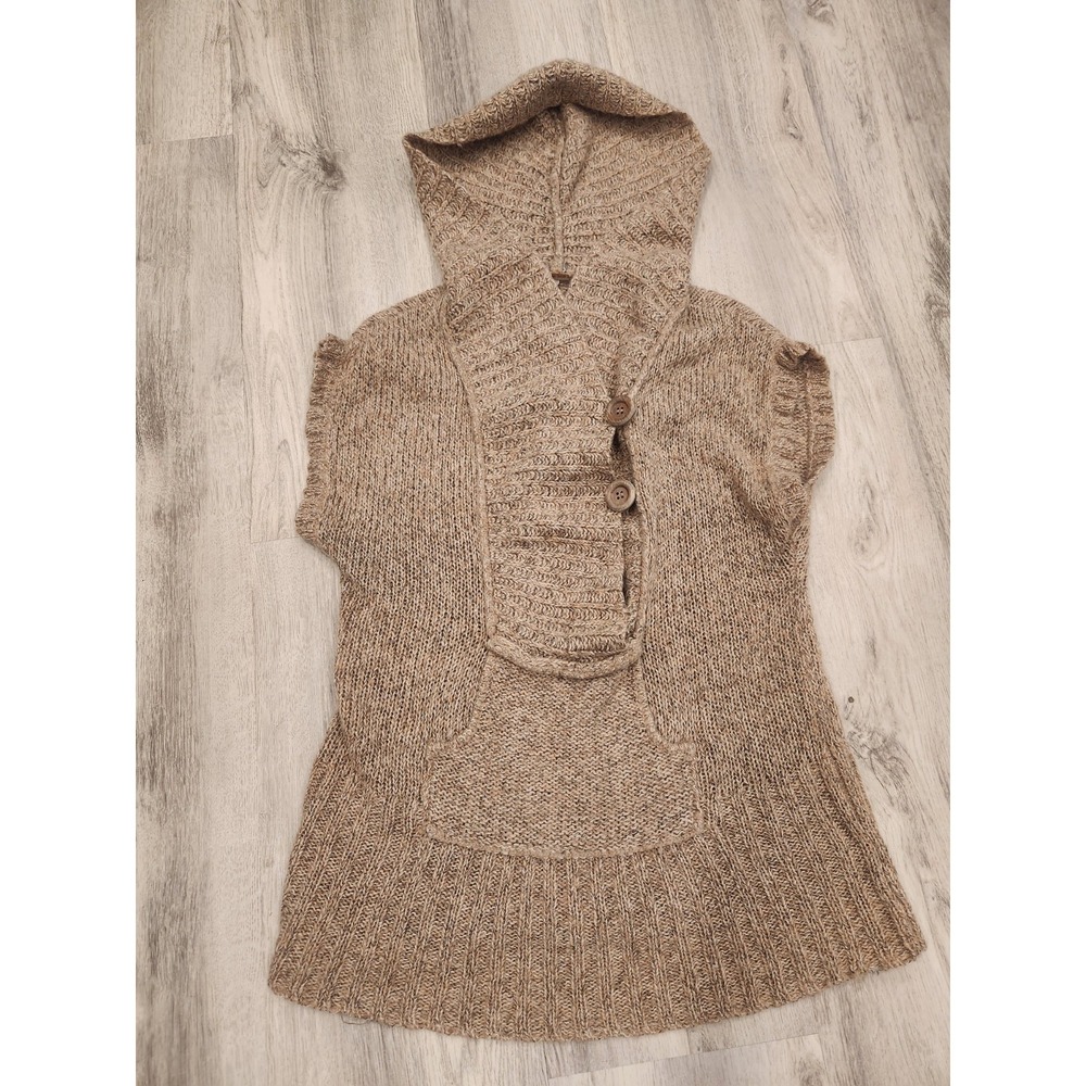 Free People Womens‎ Wool Blend Hooded Sleeveless Sweater Front Pouch Beige Large